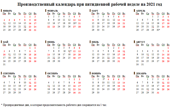 
Производственный календарь с обновлениями на 2021 год                